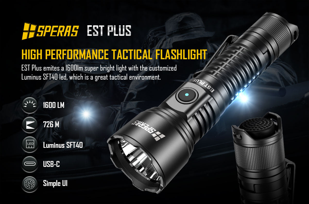 SPERAS EST PLUS THROWER 1600lm 726m 18650 Battery Flashlight